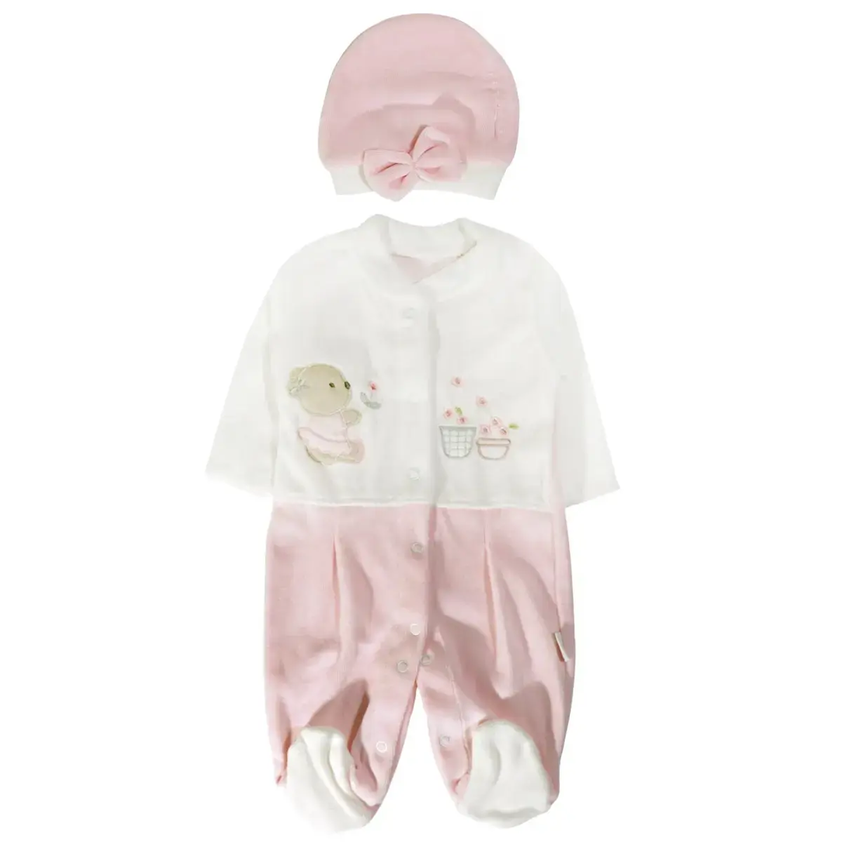 Ολόσωμο βελουτέ φορμάκι με σκουφάκι «Lovely Pink Teddy» 0-3 μηνών
