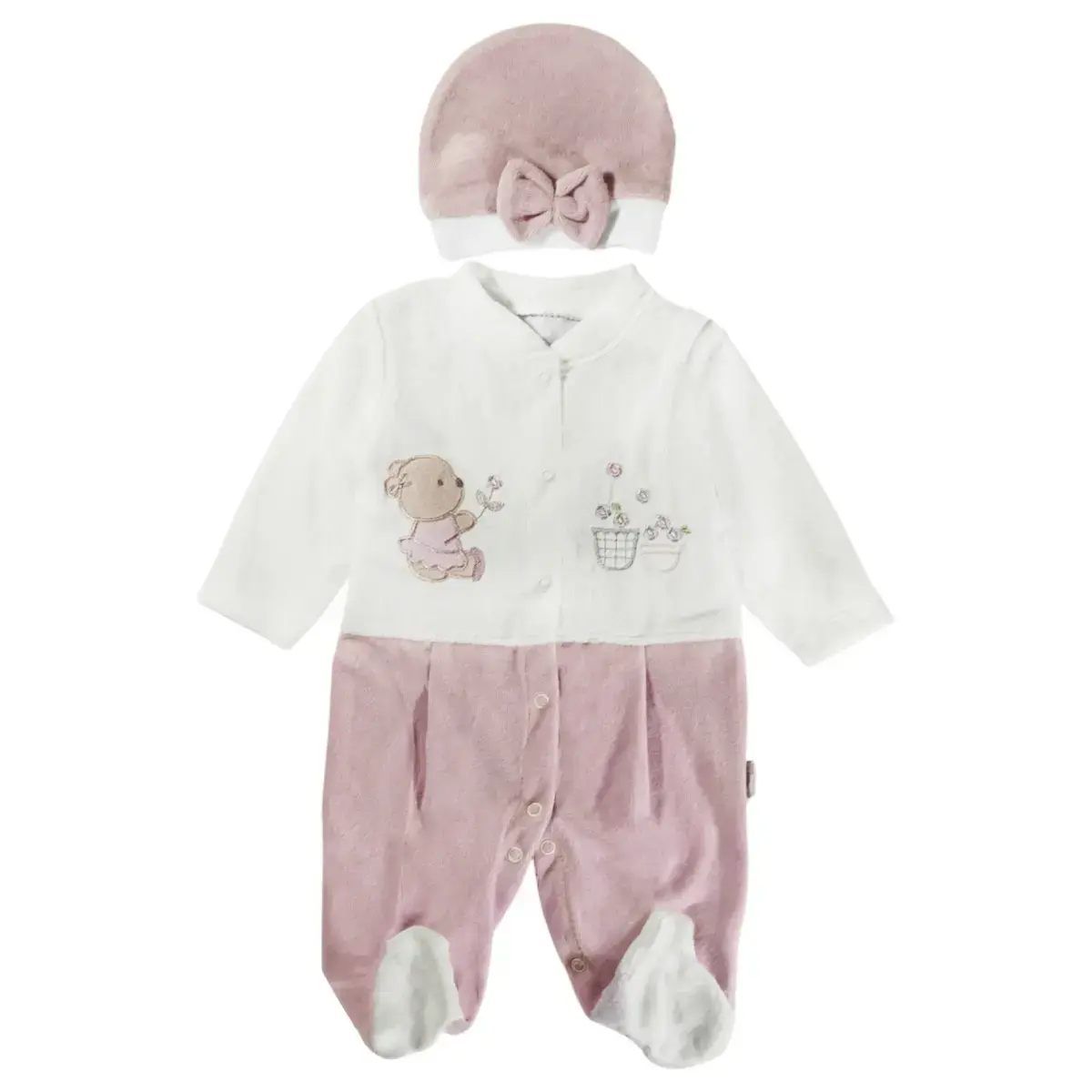 Ολόσωμο βελουτέ φορμάκι με σκουφάκι «Lovely Purple Teddy» 0-3 μηνών