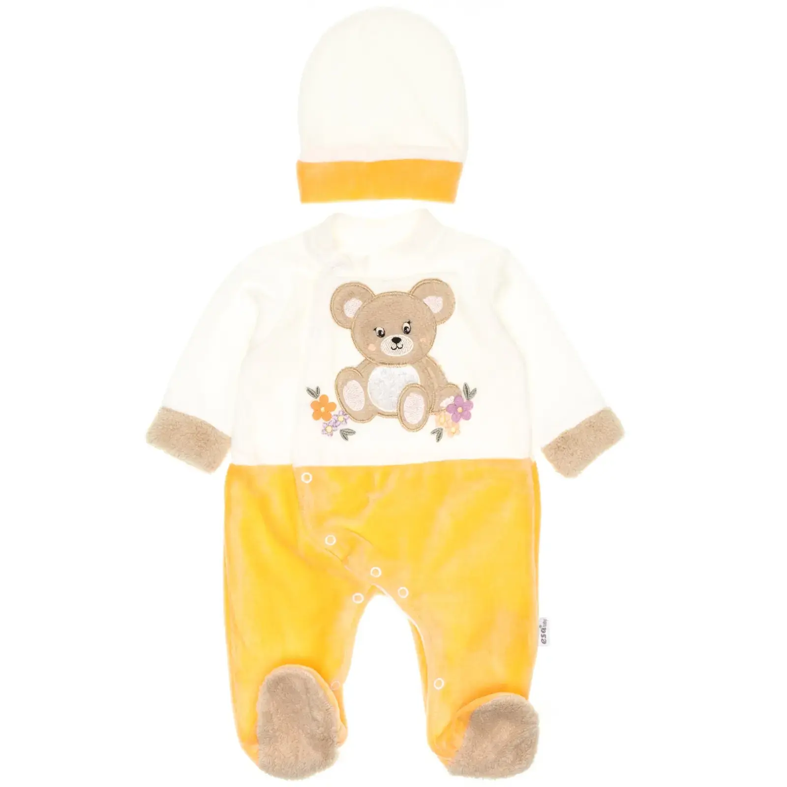 Ολόσωμο βελουτέ φορμάκι με σκουφάκι «Orange Teddy Baby» 0-3 μηνών