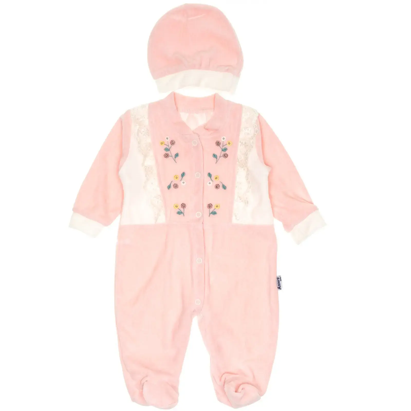 Βελουτέ φορμάκι με σκουφάκι «Pink Lace» 6-9 μηνών