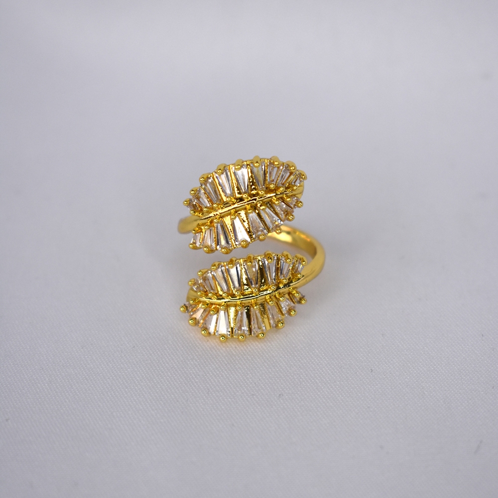 Γυναικείο Ανοιγόμενο Δαχτυλίδι Χρυσό από Ανοξείδωτο Ατσάλι με Ζιργκόν σε Σχήμα Φύλλων